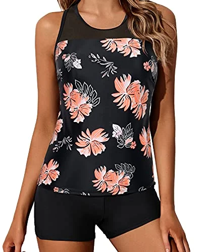 Browse Our Top Products Ladies Mid-Waist Solid Boyleg Bottom Tankini Swimsuit-Black Orange Floral