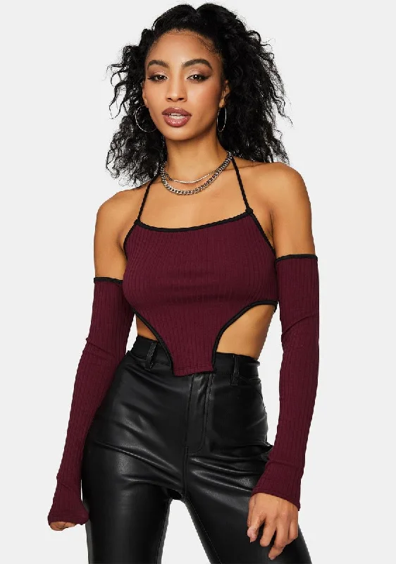 Glamorous Evening Wear Wine Keep Up Halter Crop Top With Arm Warmers