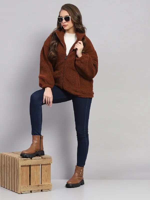 Seasonal Trends Women Rust Solid Mock Neck Full Sleeve Jacket