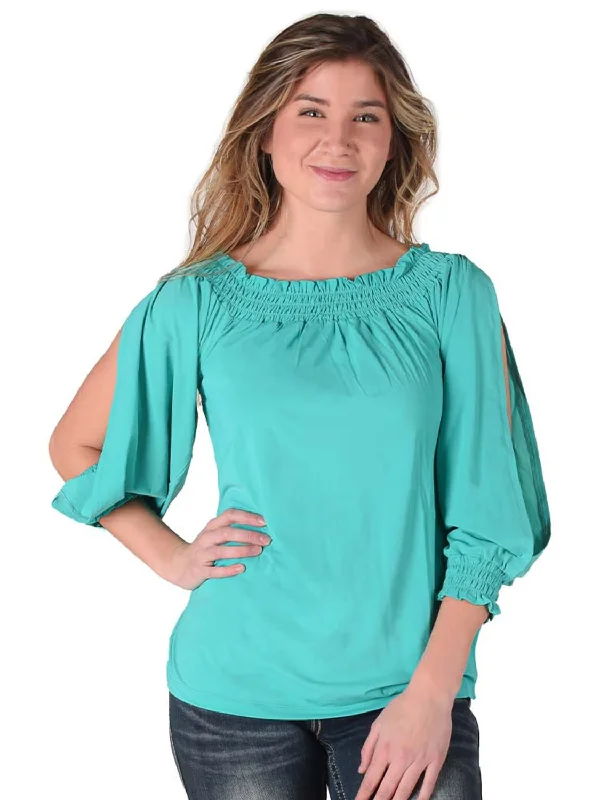 Celebrate With Big Savings Cowgirl Tuff Womens Flowy Cooling UPF Turquoise Nylon L/S Shirt