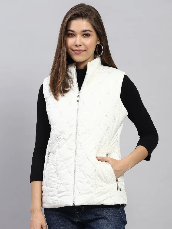 Absurdly Cheap Sale Women White Embroidered Mock Neck Sleeveless Jacket