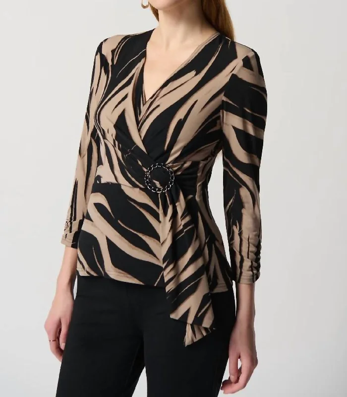 Hollywood Glam Award - Show Style Abstract Print Silky Knit Top With Side Buckle In Black/latte