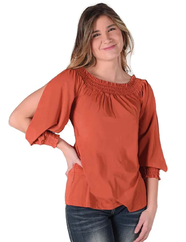 Update With Cottagecore Styles Cowgirl Tuff Womens Flowy Cooling UPF Rust Nylon L/S Shirt