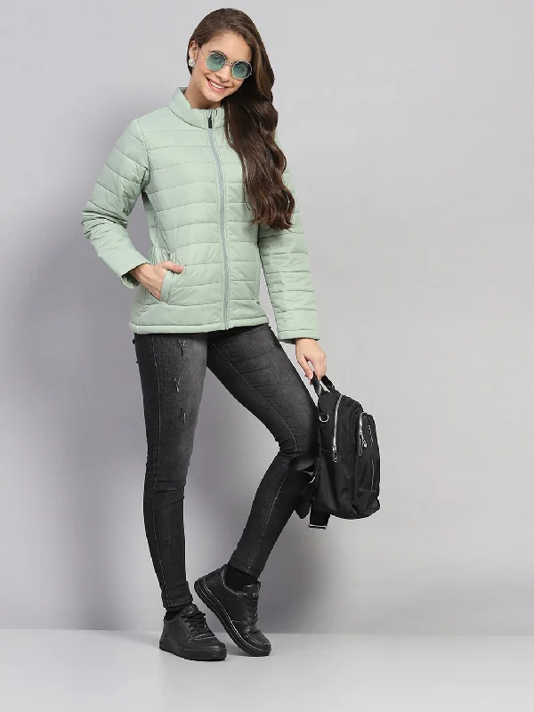 Elegant Clothing Women Green Solid Mock Neck Full Sleeve Jacket