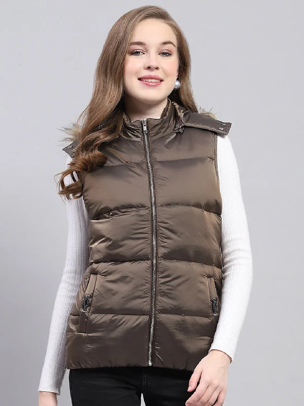 Hot Brand Discounts Women Brown Solid Detachable Hood Sleeveless Jacket