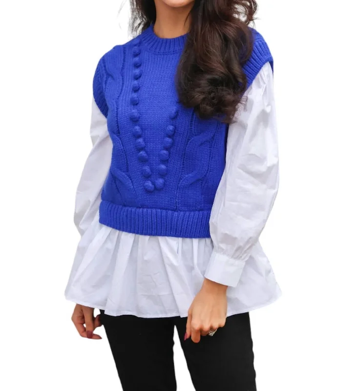 Chic And Trendy Ellen Mixed Media Knit Top In Cobalt/white