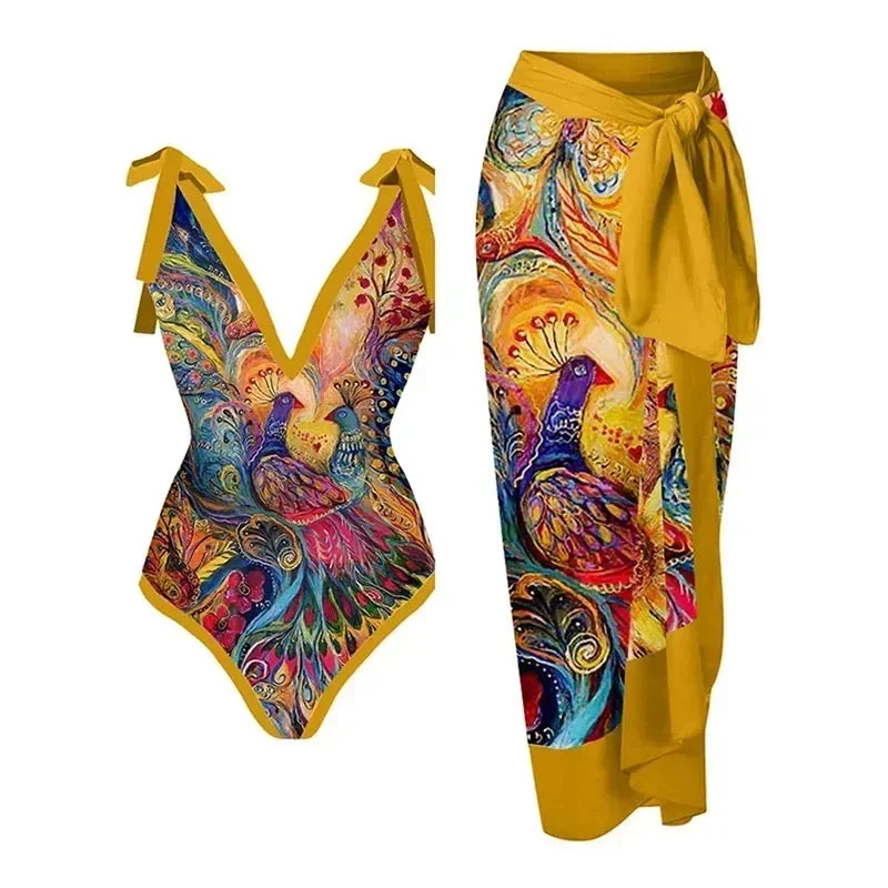 Elegant Style Tesca Swimsuit with Sarong Skirt