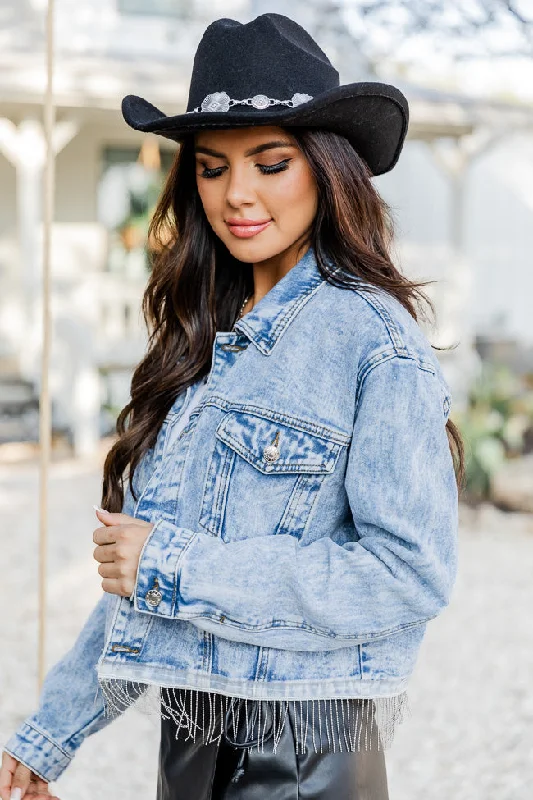 Day-To-Night Styles Got Nothing But Time Medium Wash Beaded Fringe Hem Denim Jacket FINAL SALE