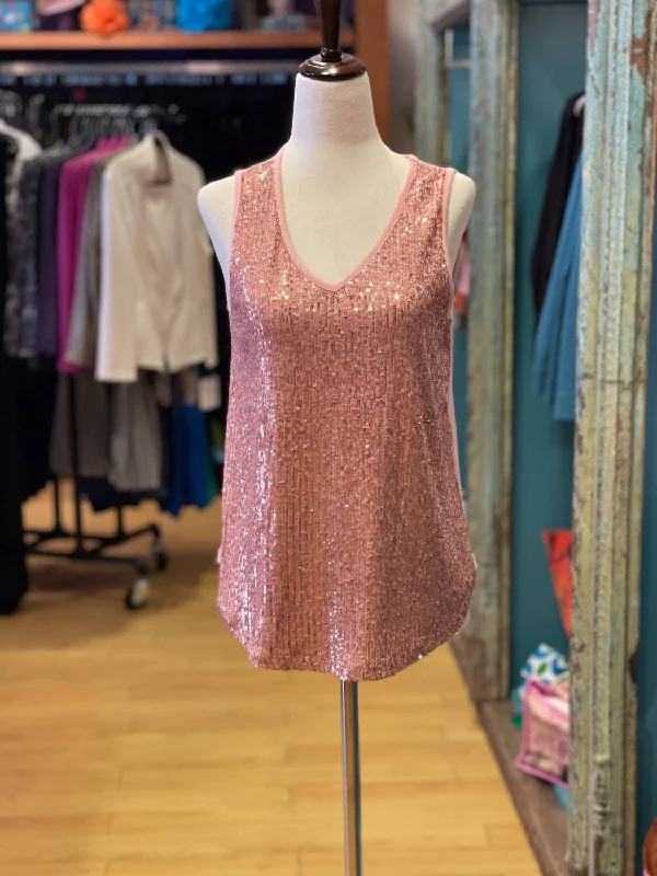 Stay Ahead In Style Women's V-Neck Sequin Tank In Rose Gold