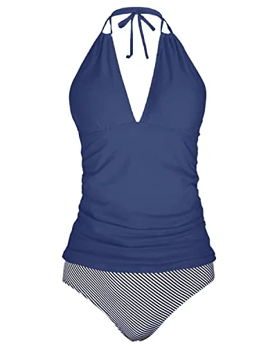 Feminine Elegance Ruched Bathing Suit Tankini Swimsuits Slim Down Body Shape-Blue White Stripe