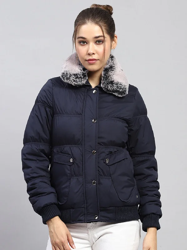 Brand Name Clothing Discount Extravaganza Women Navy Blue Solid Collar Full Sleeve Jacket