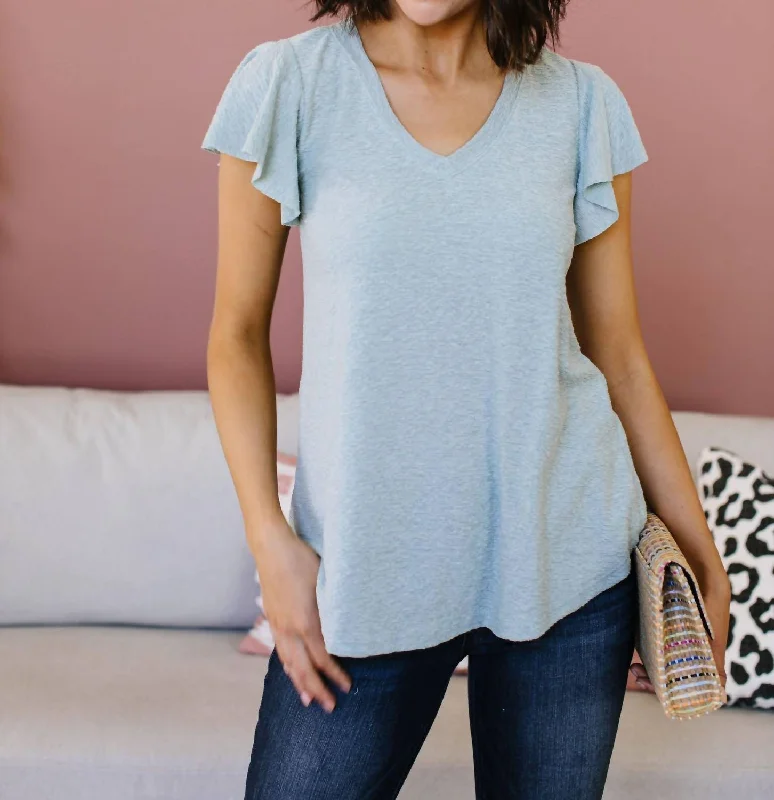 Discount Extravaganza Slub Knit Flutter Sleeve Top In Dusty Mint