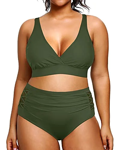 Trend Forward Threads For Her High Waisted Plus Size Bikini Swimsuits Two Piece Bathing Suits-Army Green