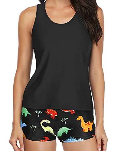 Effortless Sophistication Athletic 3-Piece Tankini Swimsuits Tummy Control Shorts-Black Dinosaur