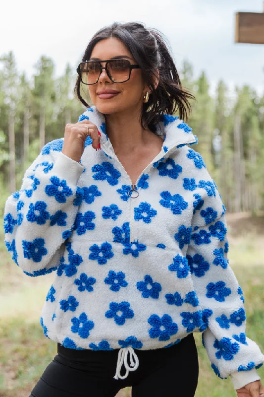 Flash Sale Event Playing For Keeps Blue and Ivory Floral Print Sherpa Pullover