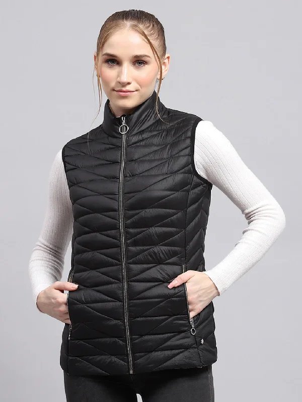 Exclusive Discount Women Black Solid Mock Neck Sleeveless Jacket