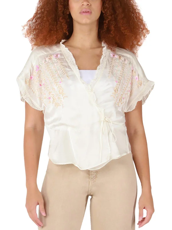 Seasonal Sale Womens Embroidered Tie-Front Blouse