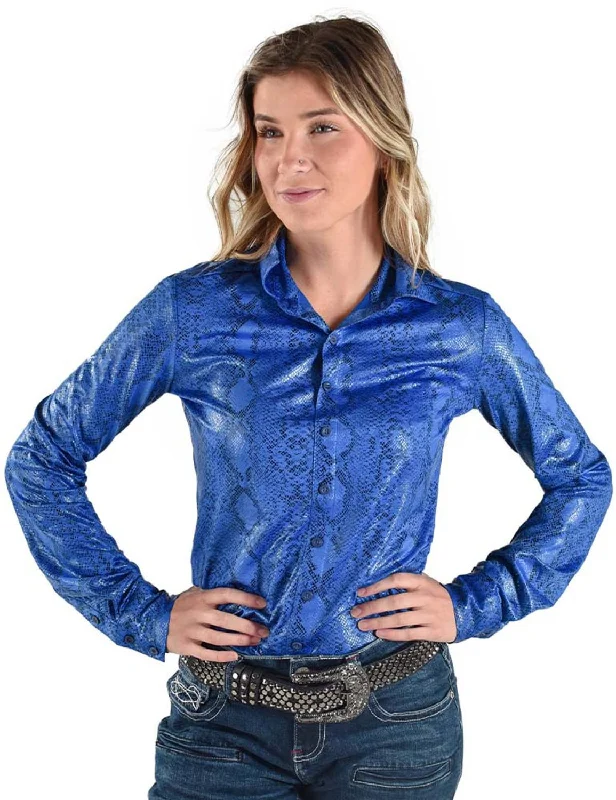 Elegant Style Cowgirl Tuff Womens Mid-Weight Snake Blue Polyester L/S Shirt