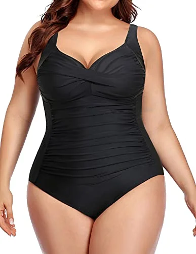 Relaxed Style Twist Front Tummy Control Bathing Suits For Women Plus Size-Black