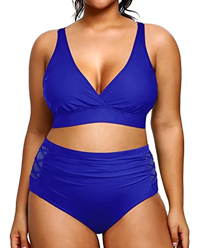 Eco Friendly Fashion Sale Flattering V Neck Plus Size Two Piece Bikini Swimsuits-Royal Blue