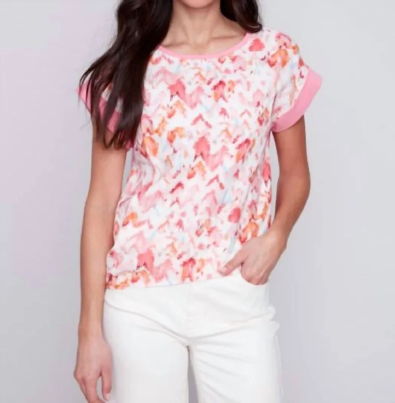 Modern Casual Clothing Woven Linen Knit Combo Top In Rose Pink