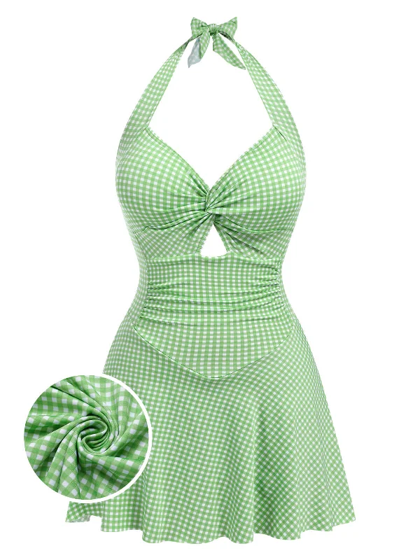 Casual Wear Light Green 1930s Plaid Halter One-Piece Swimsuit