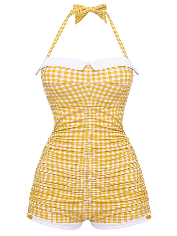 Evening Looks Gingham 1950s Halter Bowknot One-piece Swimsuit