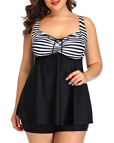 Cutting Edge Fashion Plus Size Flyaway Bathing Suits Tankini Swimsuits Shorts-Black And White Stripe