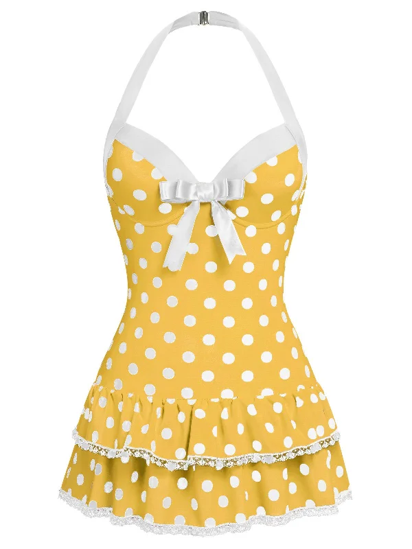 Classic Timeless Elegant Style Yellow 1940s Halter Polka Dots Bow Swimsuit