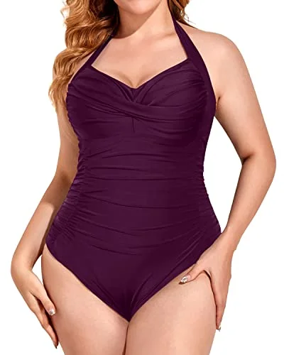 Trend Driven Wardrobe Women's Tummy Control Halter Top Plus Size One Piece Swimsuit-Maroon