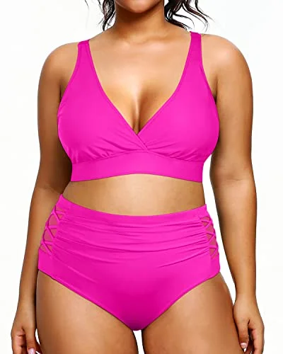 Timeless Classics V Neck Plus Size Bikini Two Piece Bathing Suits Slimming Swimwear-Neon Pink