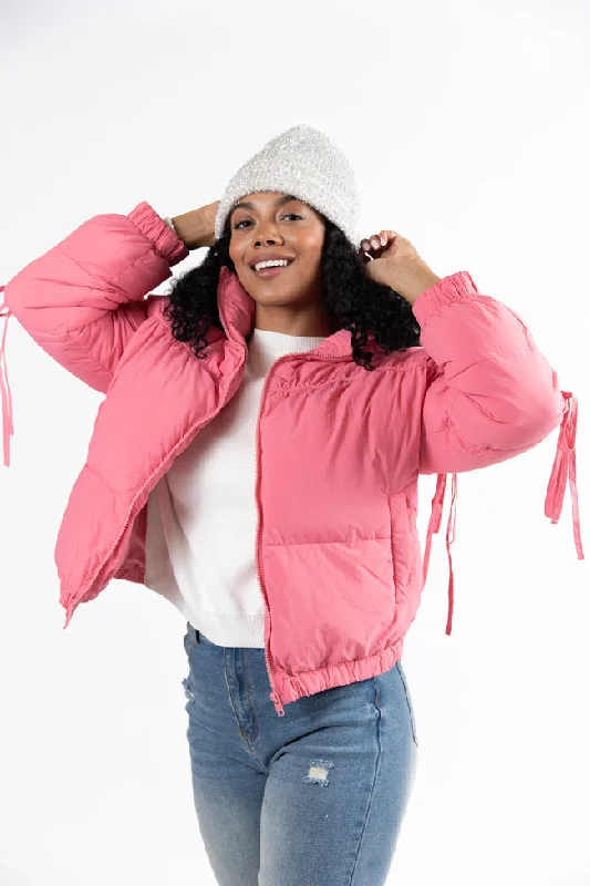 Seasonal Trends Where You'll Find Me Pink Bow Sleeve Puffer Jacket