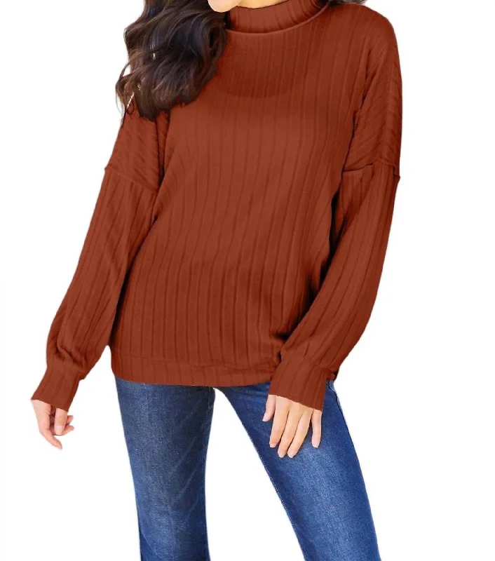 Unbeatable Deals Sleek Ribbed Mock Neck Knit Top In Brick Red