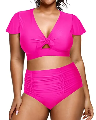 Hot Deals Plus Size Womens Two Piece Swimsuits Tummy Control Short Sleeve Swimwear-Neon Pink