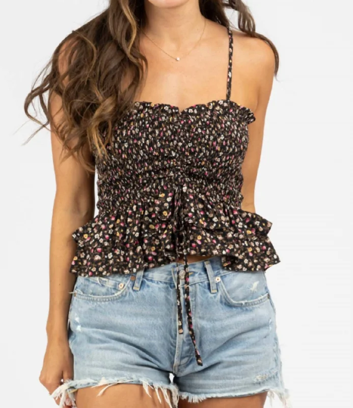 Sophisticated Cut Print Ruched And Smocked Top Cami In Black