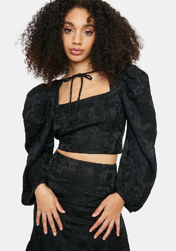 Big Discounts Black Brocade Tie Neck Crop Top