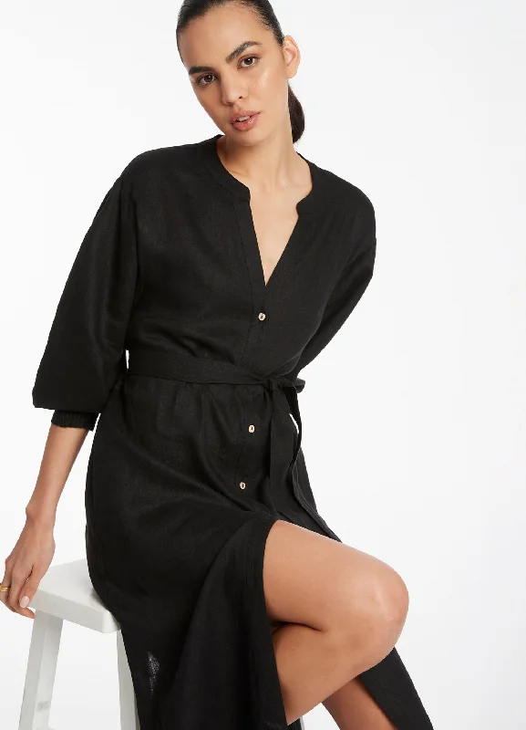 Save On Inspired Styles Jetset Shirred Cuff Shirt Dress - Black