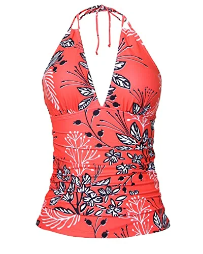 Flash Sale Event Slimming Double Strap Front Shirred Open Back Tankini Tops For Women Swimwear-Red Floral