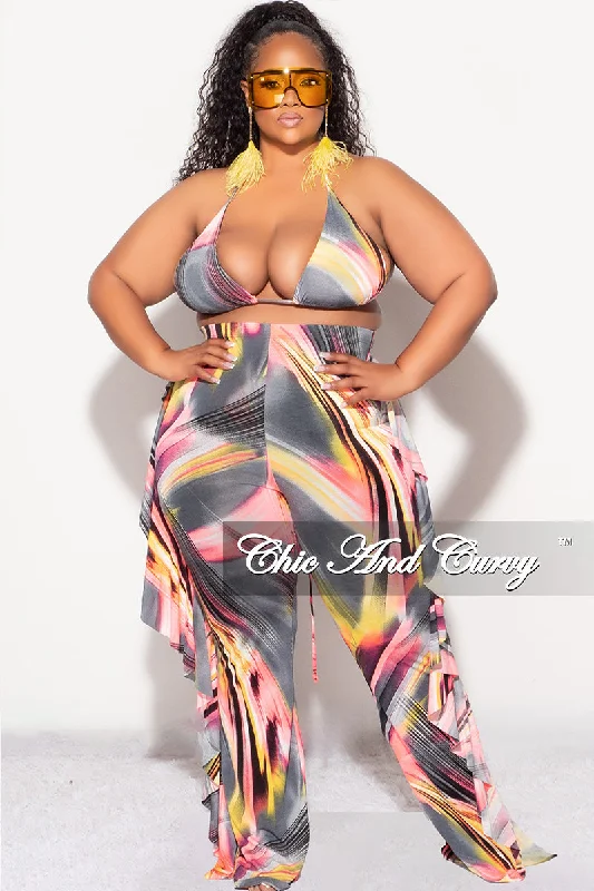 Clearance Sale, All Cheap Final Sale Plus Size  3pc Poolside Playsuit (Bikini Top, High Waist Bottoms & Pants) Set in Pink, Grey, & Yellow Print