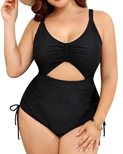 Buy More, Save More Women Plus Size One Piece Swimsuits Deep V Neck Lace Up Swimwear-Black