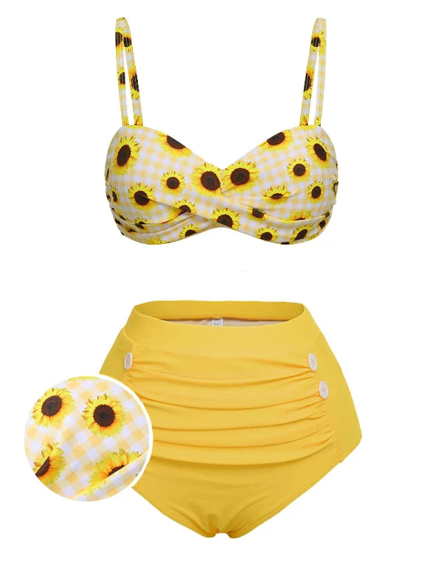 Nordic Minimalist Home Look Yellow 1950s Spaghetti Strap Sunflower Plaids Swimsuit