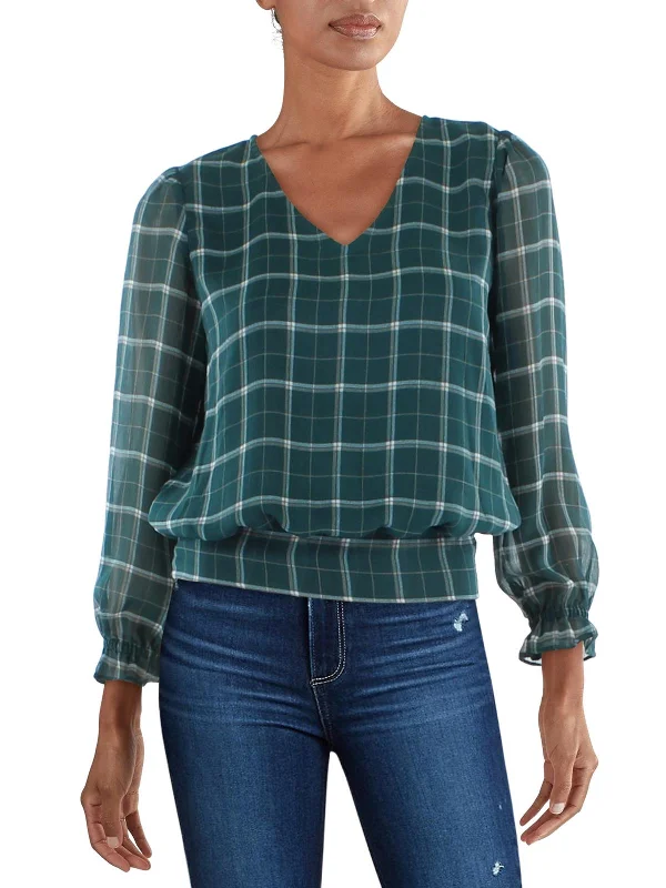 Premium Style Womens Plaid Smocked Blouse