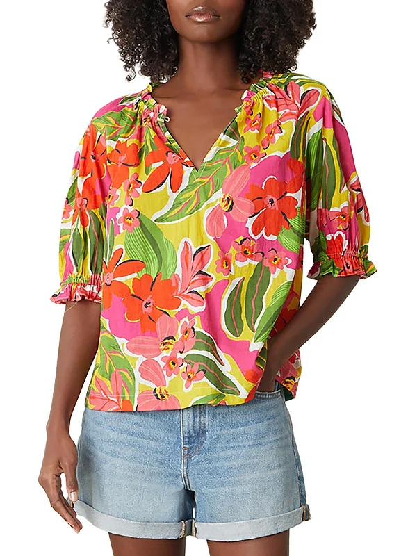 End of Season Sale Womens Split Neck Floral Print Blouse