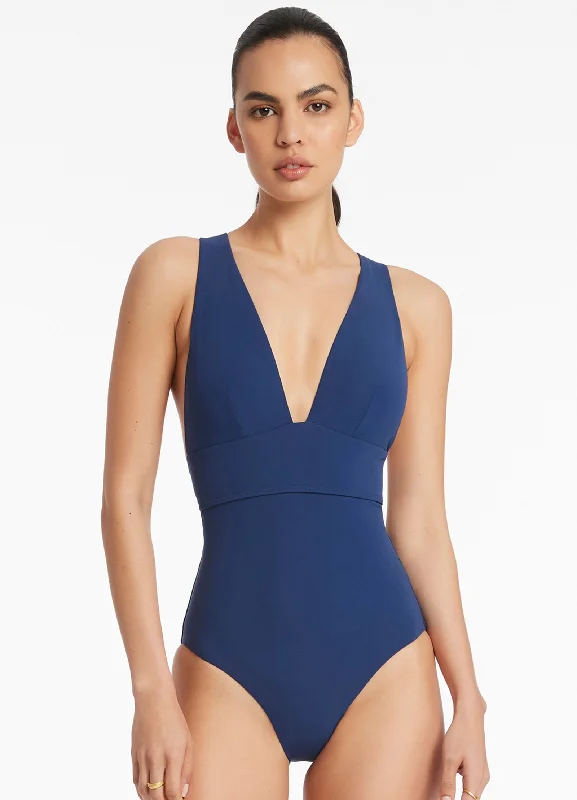 Festival Fashion Jetset Plunge Tie Back One Piece - Pacific Blue