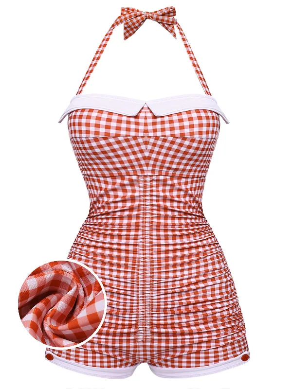 Trendy Clothing Sale Gingham 1950s Halter Bowknot One-piece Swimsuit