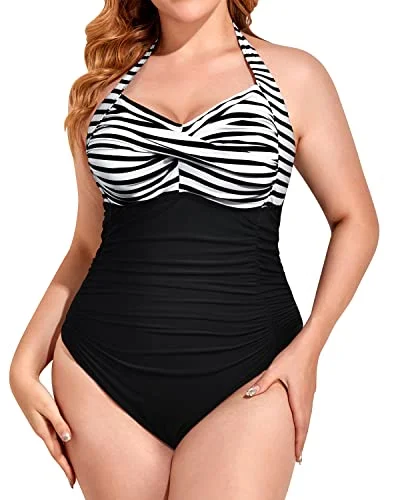 Everyday Glamour Sweetheart Neckline Plus Size Slimming One Piece Swimsuit-Black And White Stripe