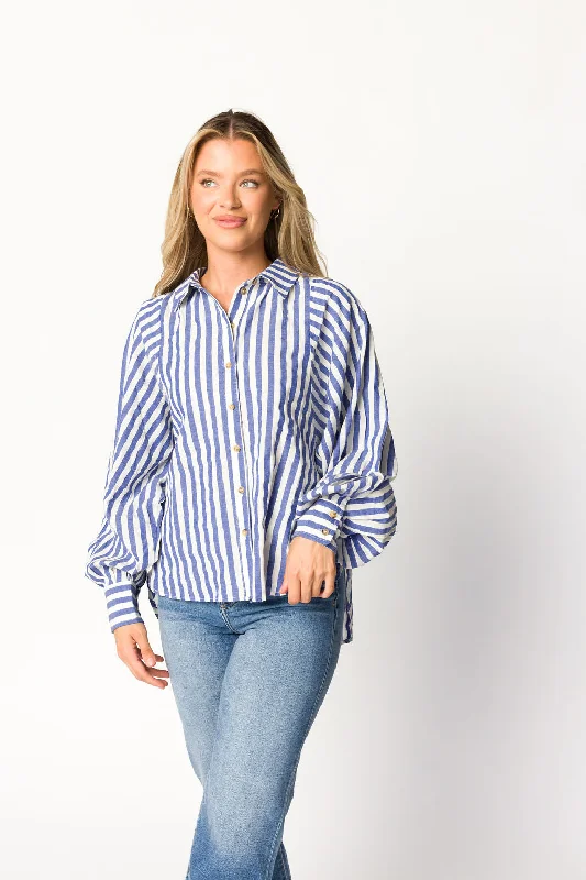 Mega Sale Joaquin Linen Blend Shirt in Blue/White Stripe - Nursing Friendly