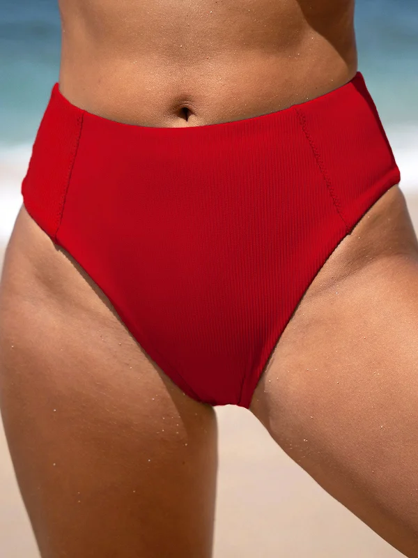 Chic Styles Red Ribbed Seam Full Coverage Bikini Bottom