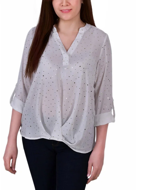 Subtle Sophistication Petites Womens 3/4 Sleeve Metallic Blouse