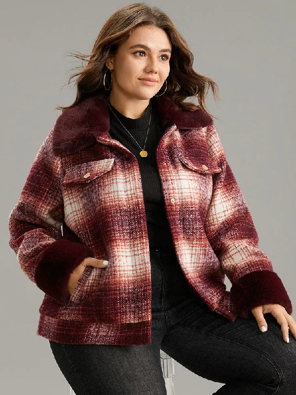 Chic Trends For The Fashion Savvy Plaid Patchwork Button Through Fuzzy Trim Jacket